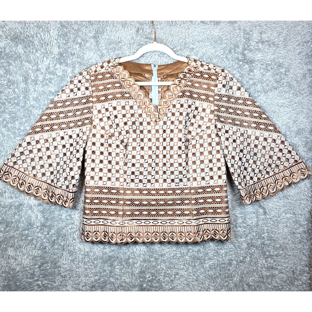 Vtg Handmade Boho Embroidered Lace Overlay Bell Sleeve Top Rose Gold Gray Medium
